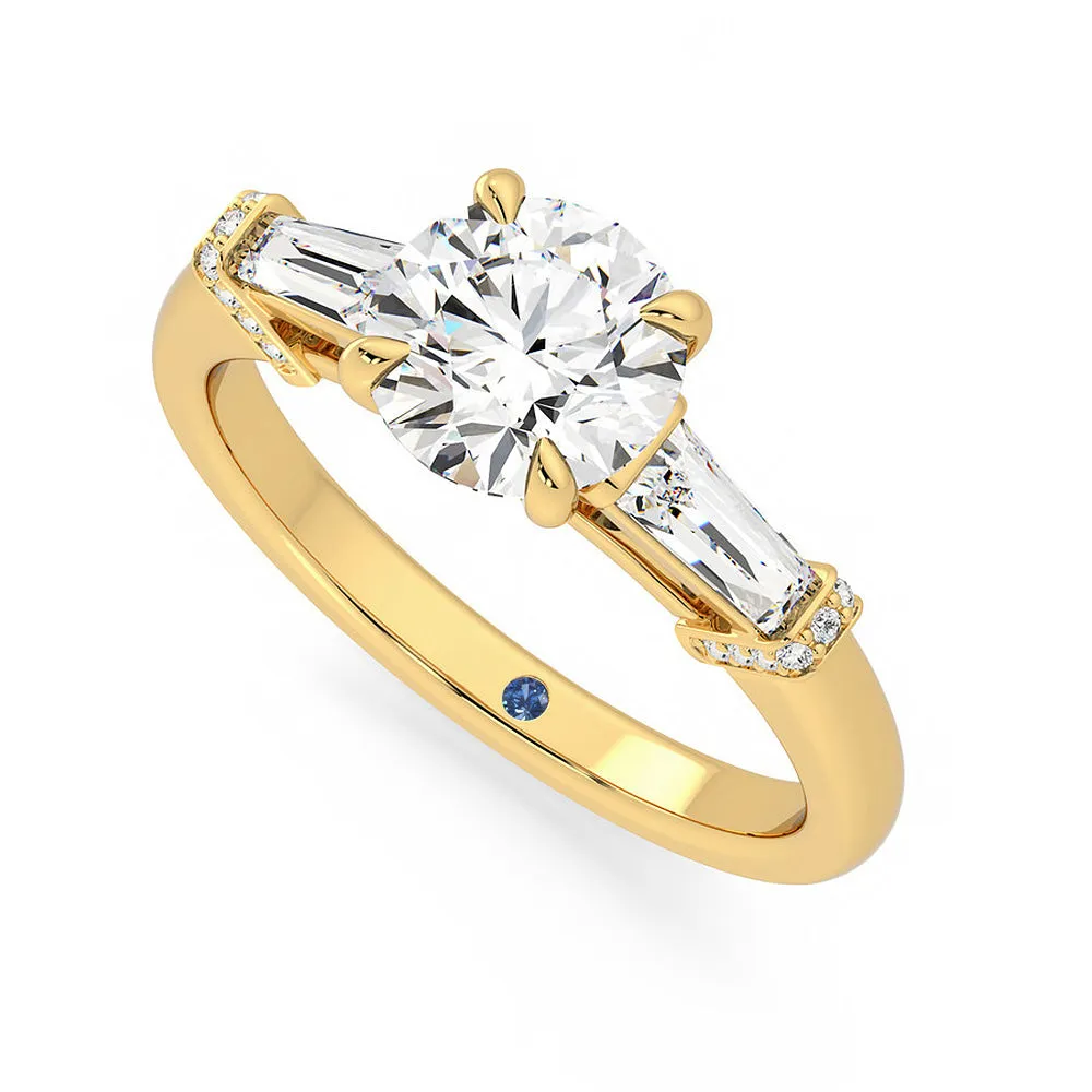 Three Stone Round Moissanite Engagement Ring with Hidden Anniversary Stone and Baguette Side Stones sold by MSBLUE Jewelry product image thumbnail 5