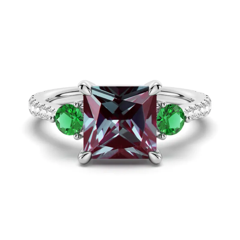 3 CT. Princess Cut Alexandrite Engagement Ring With Emerald Side Stones sold by MSBLUE Jewelry