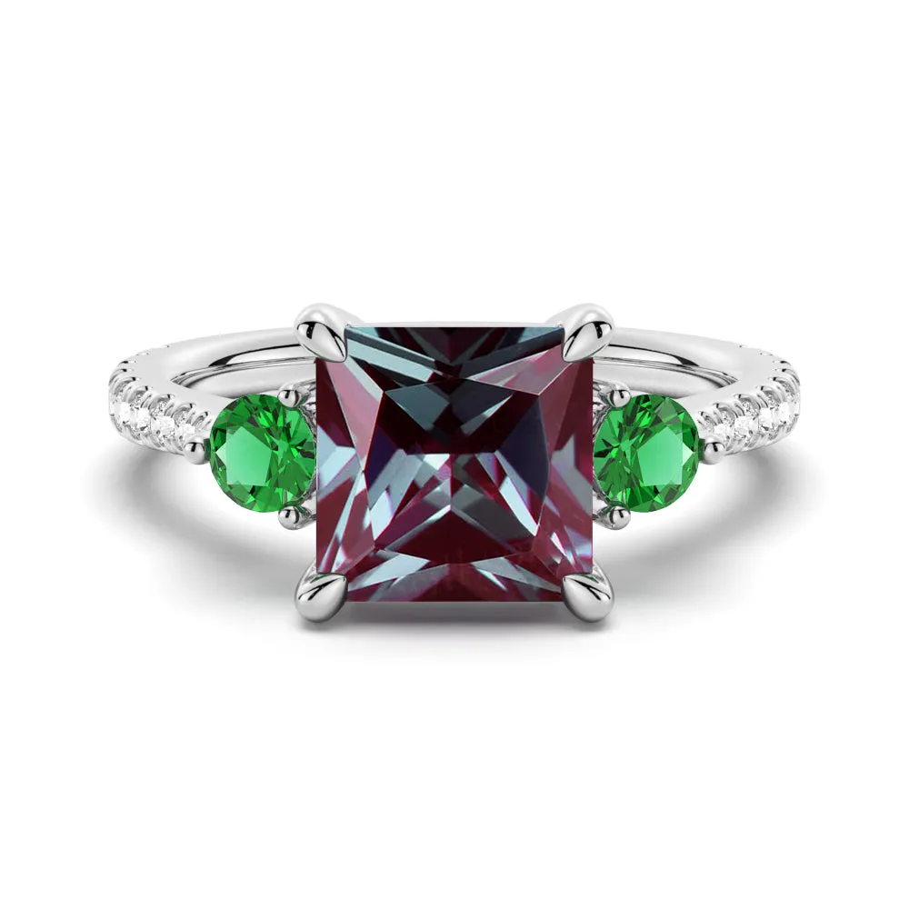 3 CT. Princess Cut Alexandrite Engagement Ring With Emerald Side Stones sold by MSBLUE Jewelry