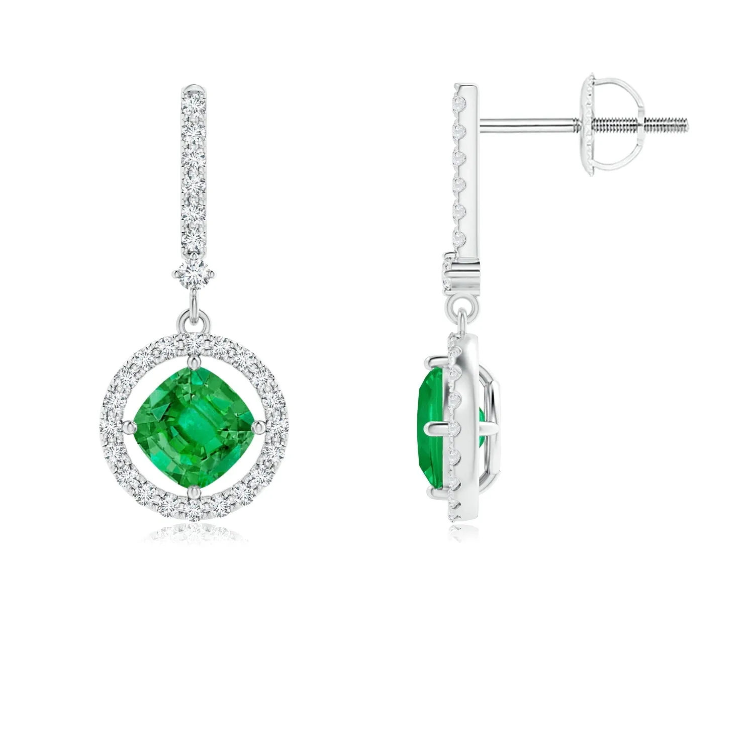 1.4 CT. Floating Cushion Emerald and Pavé Halo Drop Earrings sold by MSBLUE Jewelry