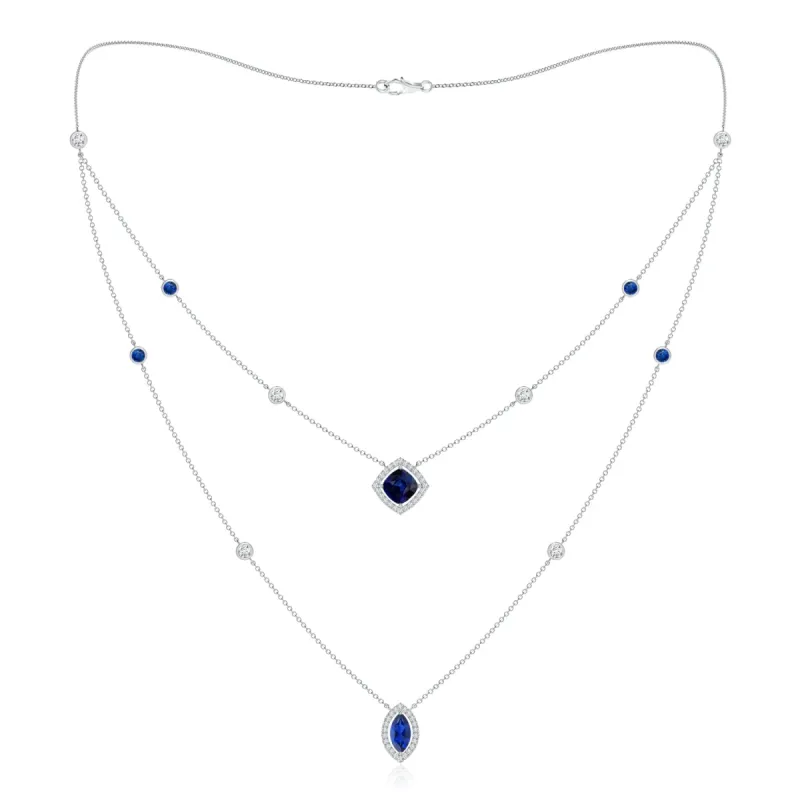 2.6 CT. Cushion & Marquise Cut Sapphire Halo Layered Necklace sold by MSBLUE Jewelry