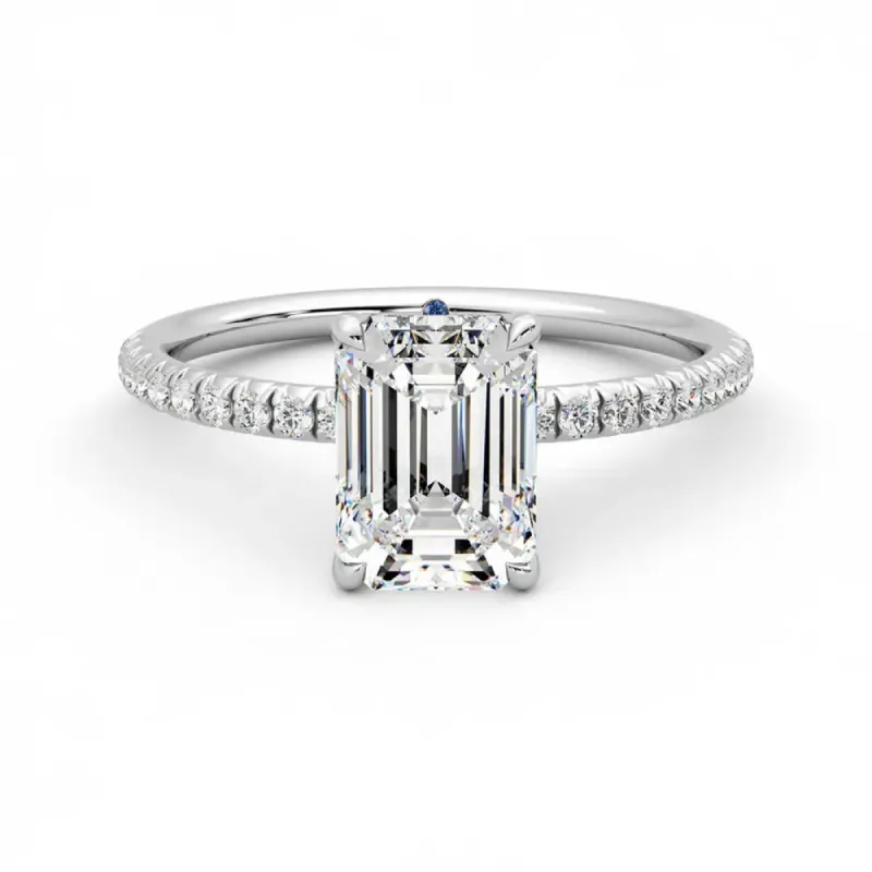 Four Prong Emerald Cut Moissanite Engagement Ring with Hidden Anniversary Stone Accent sold by MSBLUE Jewelry