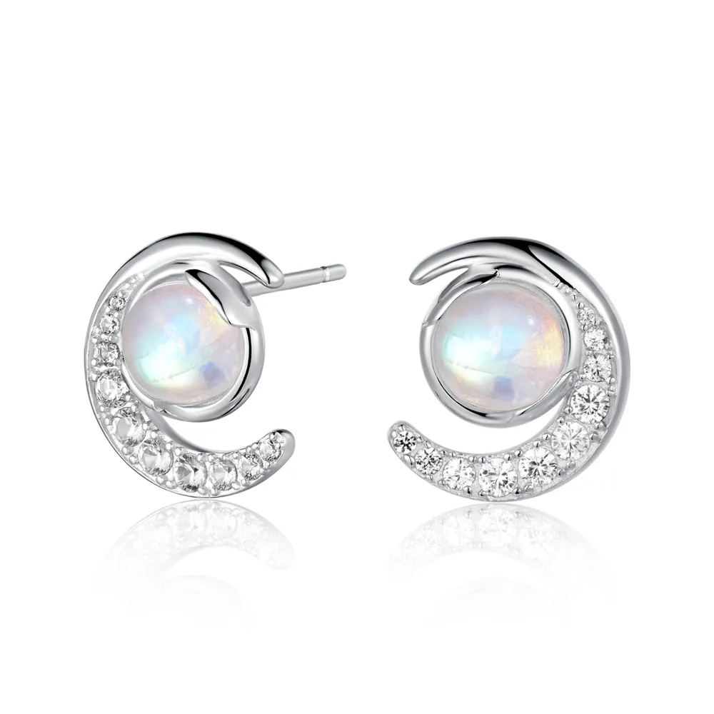 Crescent Moonstone Stud Earrings With White Sapphire sold by MSBLUE Jewelry