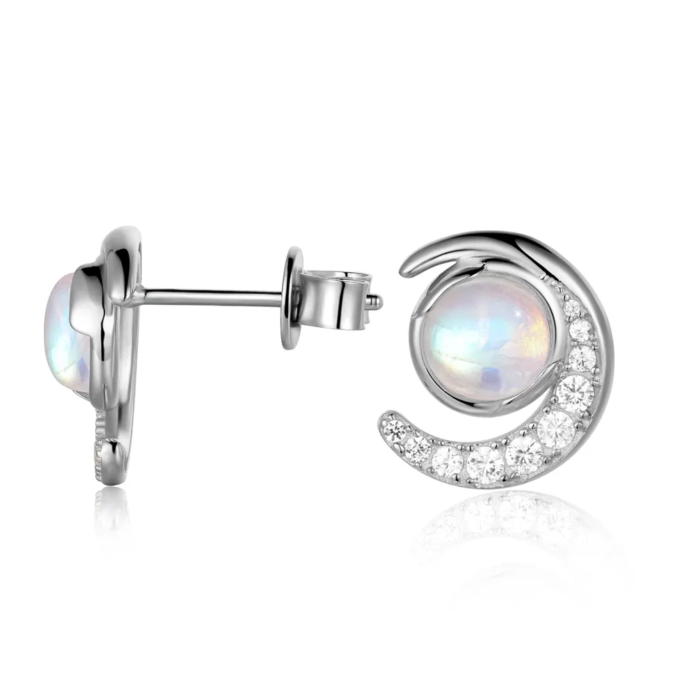 Crescent Moonstone Stud Earrings With White Sapphire sold by MSBLUE Jewelry product image thumbnail 3