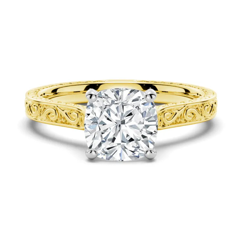 Vintage Two Tone Cushion Moissanite Engagement Ring With Milgrain Edges sold by MSBLUE Jewelry