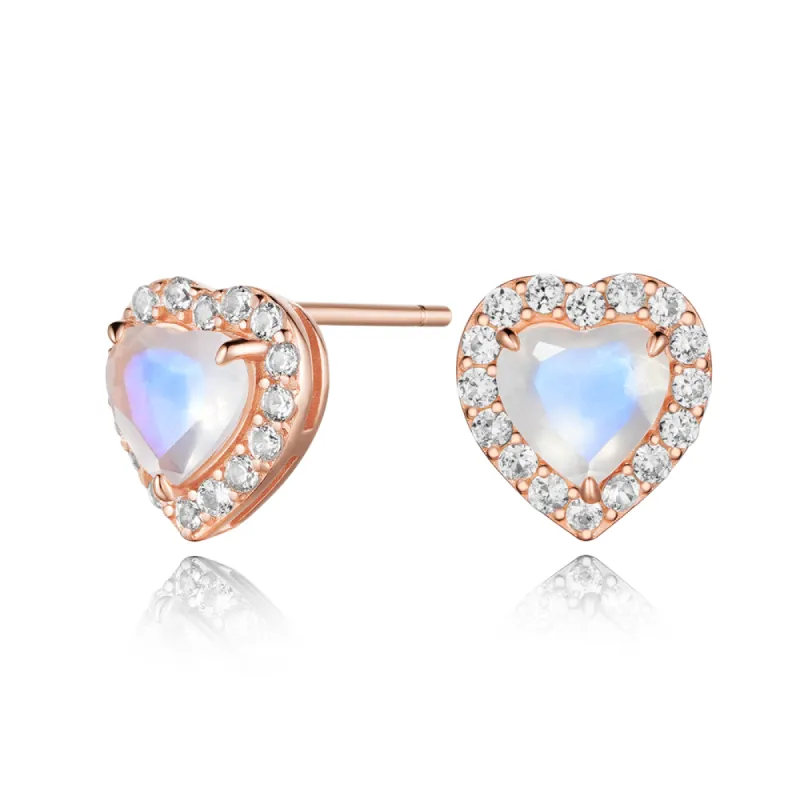 Heart Moonstone Stud Earrings With White Sapphire Halo sold by MSBLUE Jewelry