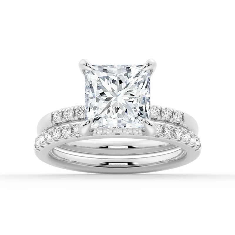 Princess Cut Hidden Halo Moissanite Ring Set with Matching Wedding Band sold by MSBLUE Jewelry
