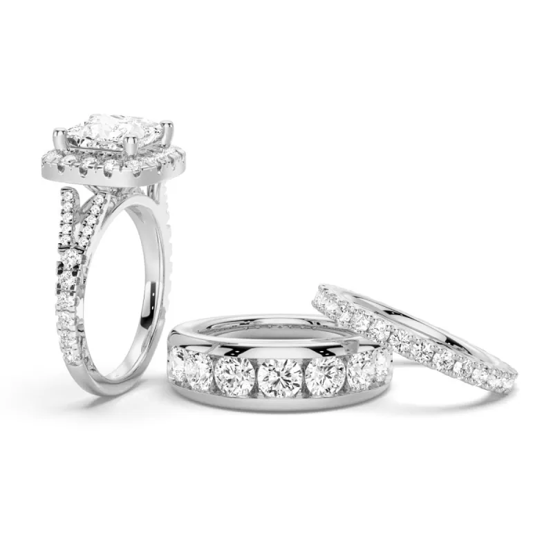 NEW Princess Cut Split-Shank Halo Moissanite Couple's Ring Set with Men's Wedding Band sold by MSBLUE Jewelry
