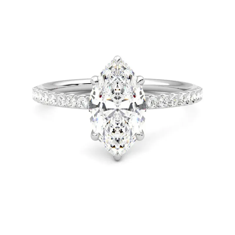 Marquise Cut Moissanite Engagement Ring with Hidden Halo and Anniversary Stone Accent sold by MSBLUE Jewelry