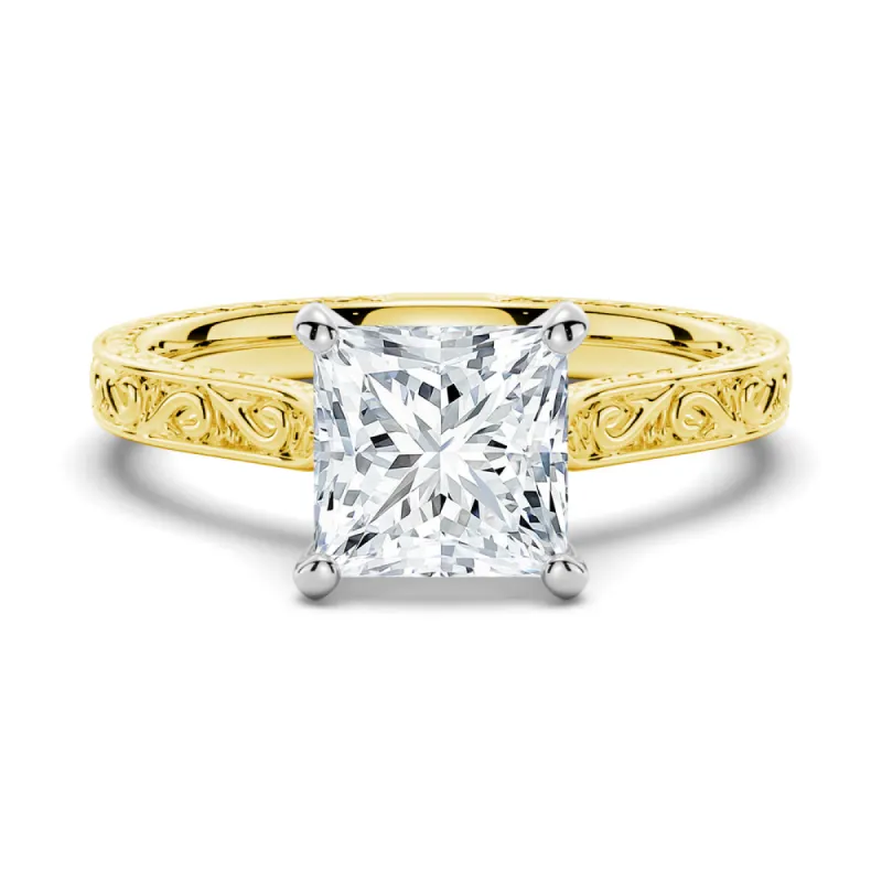 Vintage Two Tone Princess Cut Moissanite Engagement Ring With Milgrain Edges sold by MSBLUE Jewelry
