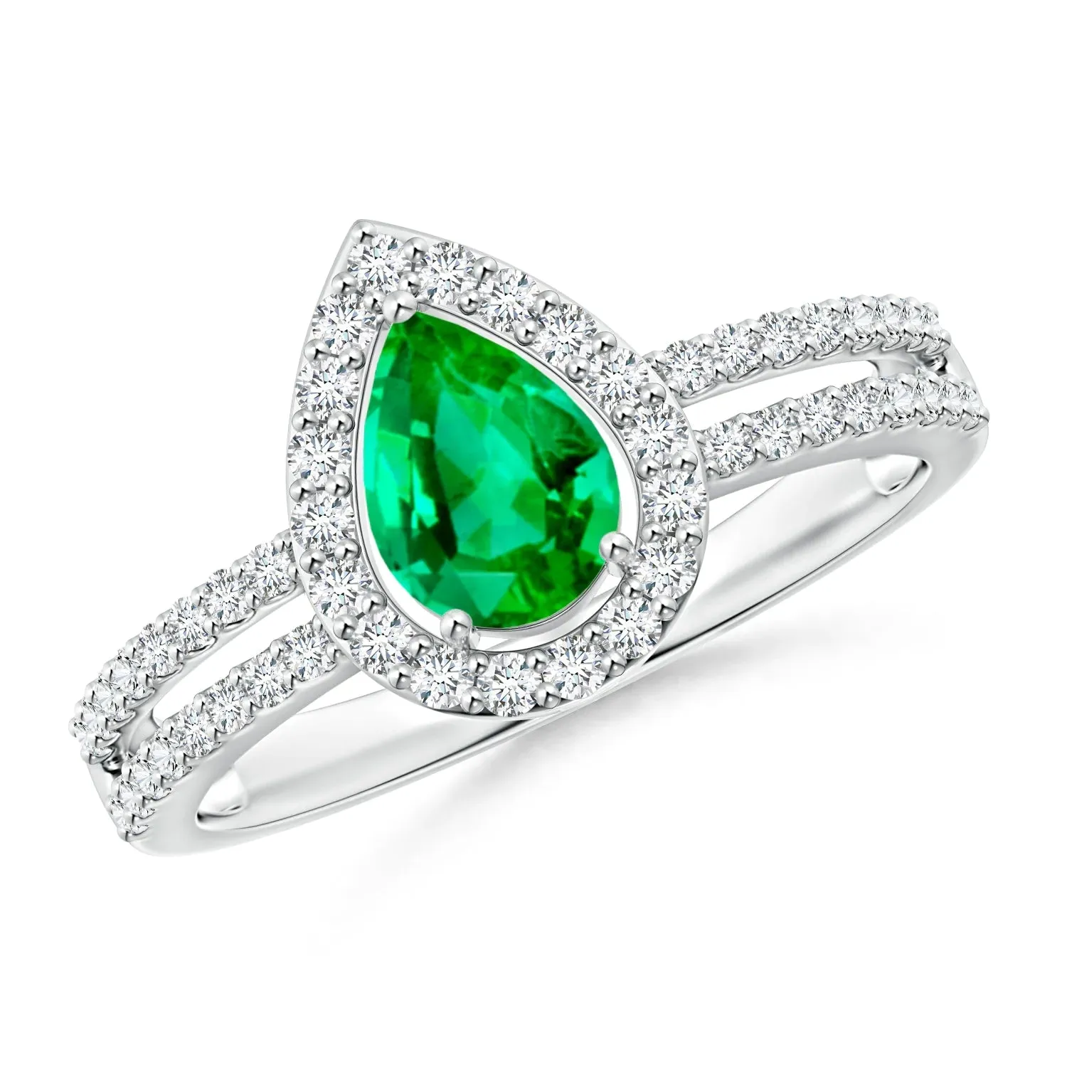 1.5 CT. Pear Emerald and Micropavé Halo Split Shank Ring sold by MSBLUE Jewelry