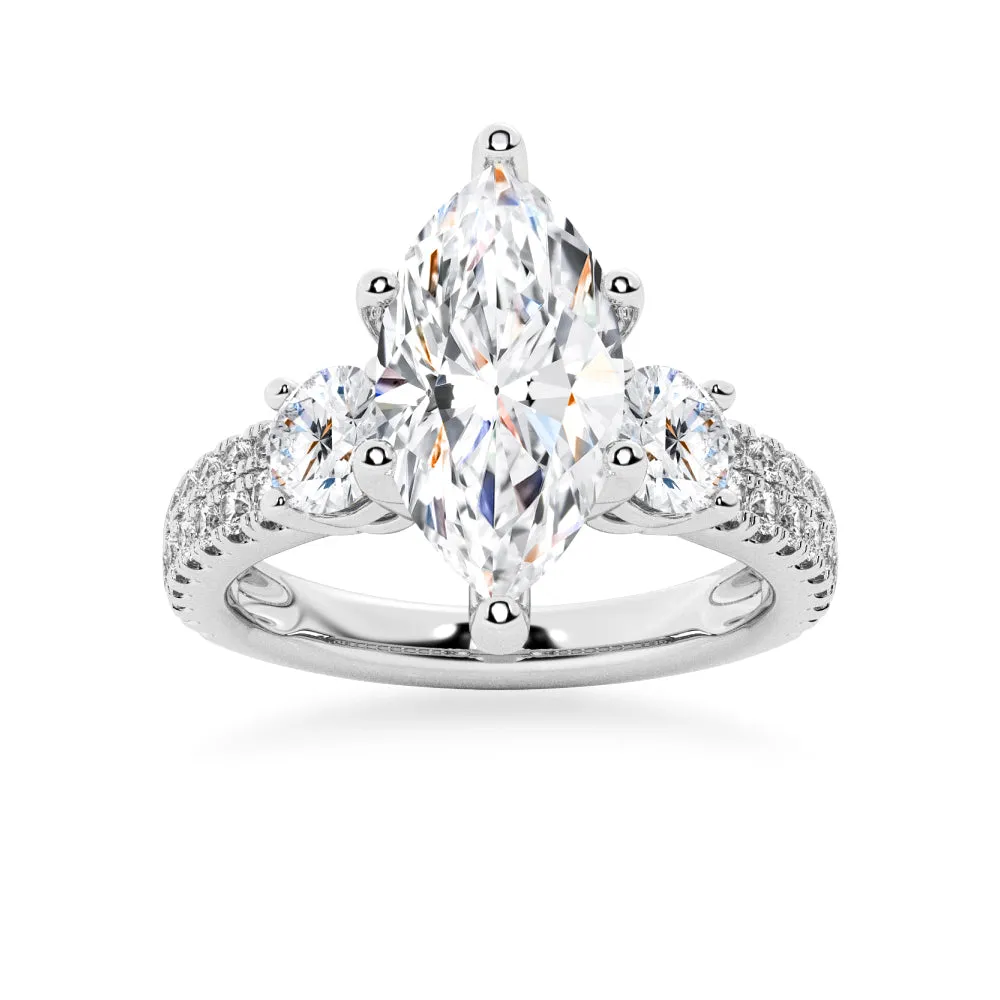 NEW Double Row Pave Three Stone Marquise Cut Moissanite Engagement Ring sold by MSBLUE Jewelry