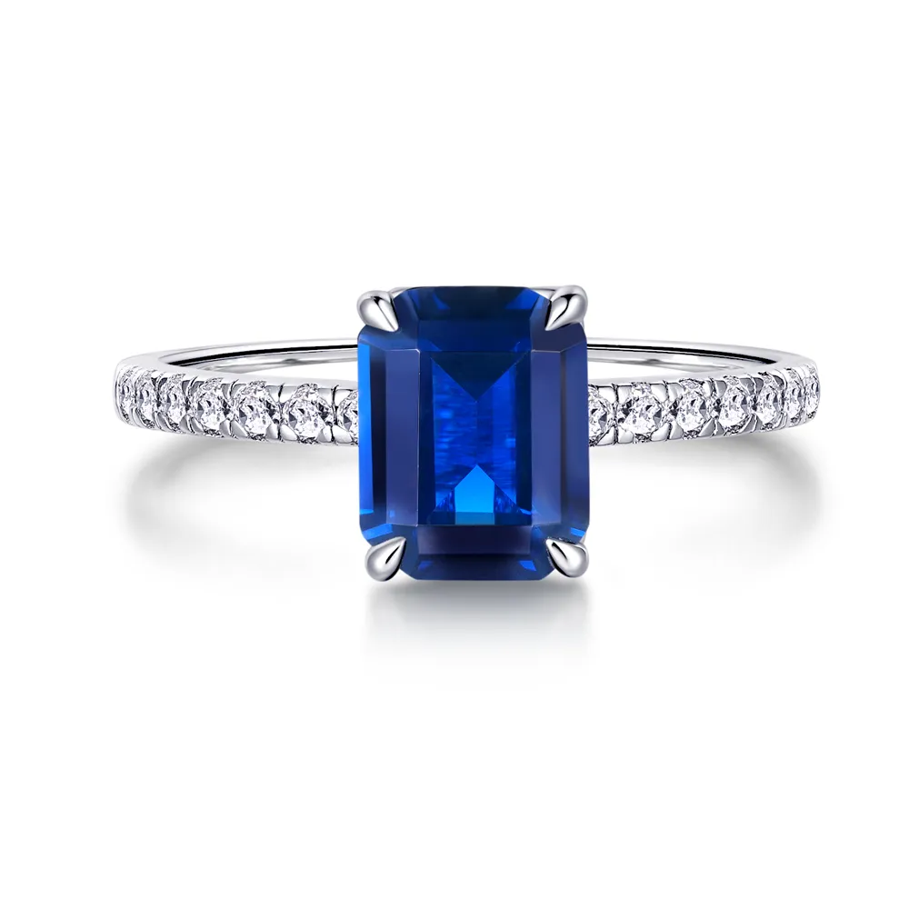 Emerald-Cut Blue Sapphire and White Sapphire Ring sold by MSBLUE Jewelry