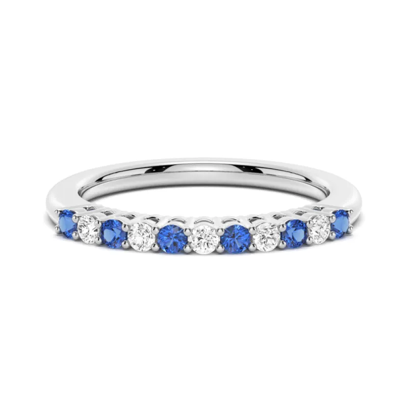 Blue Sapphire and White Sapphire Half Eternity Wedding Band sold by MSBLUE Jewelry
