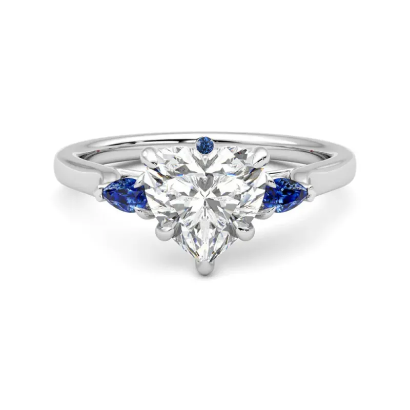 Three Stone Heart Shaped Moissanite Engagement Ring with Hidden Anniversary Stone Accent sold by MSBLUE Jewelry