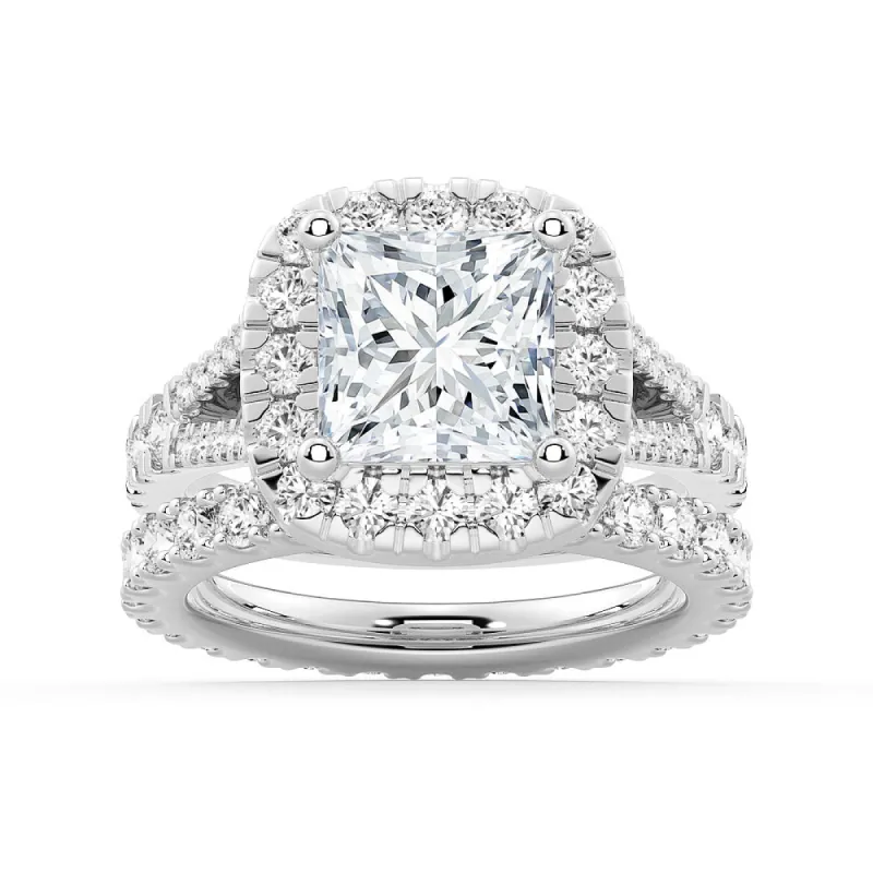 NEW Princess Cut Split-Shank Halo Moissanite Ring Set with Matching Wedding Band sold by MSBLUE Jewelry
