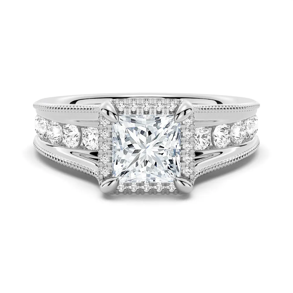 Milgrain Vintage Princess Cut & Round Moissanite Engagement Ring sold by MSBLUE Jewelry