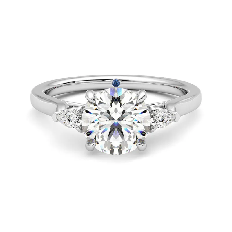 Three Stone Round Moissanite Engagement Ring with Hidden Anniversary Stone Accent sold by MSBLUE Jewelry