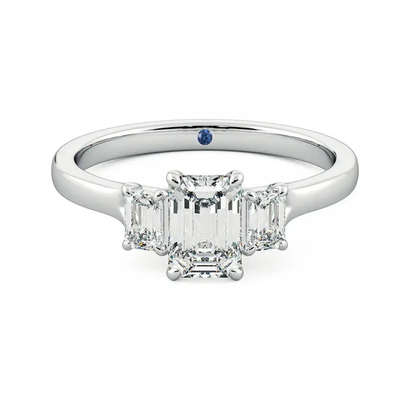 Four Prong Three Stone Emerald Cut Moissanite Engagement Ring with Hidden Anniversary Stone Accent sold by MSBLUE Jewelry