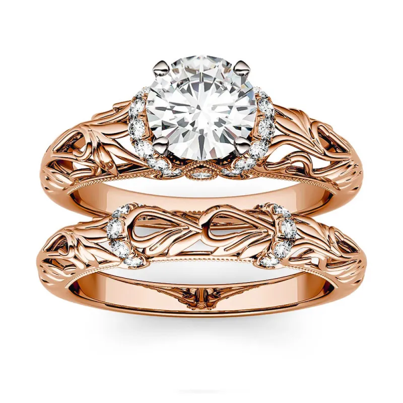 Vintage Art Deco Round Moissanite Engagement Ring Bridal Set made by MSBLUE Jewelry
