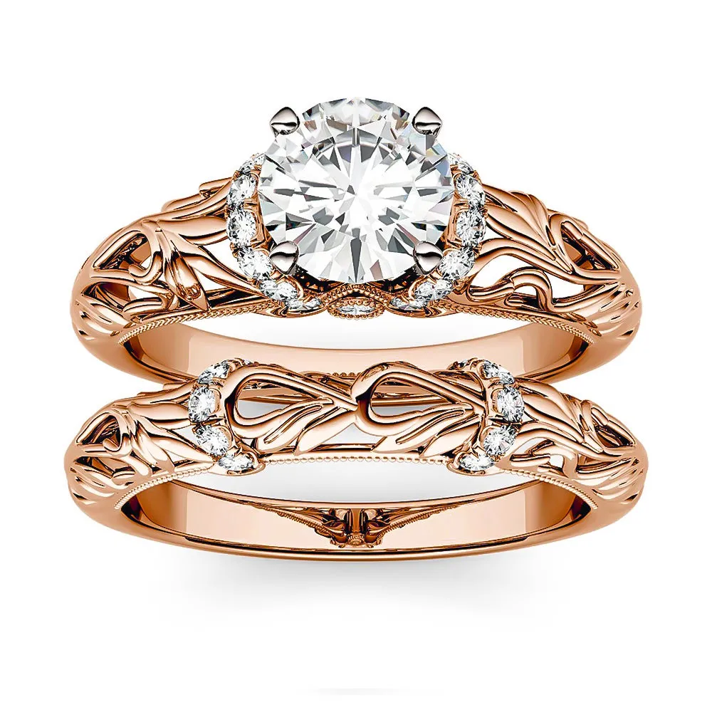 Vintage Art Deco Round Moissanite Engagement Ring Bridal Set sold by MSBLUE Jewelry