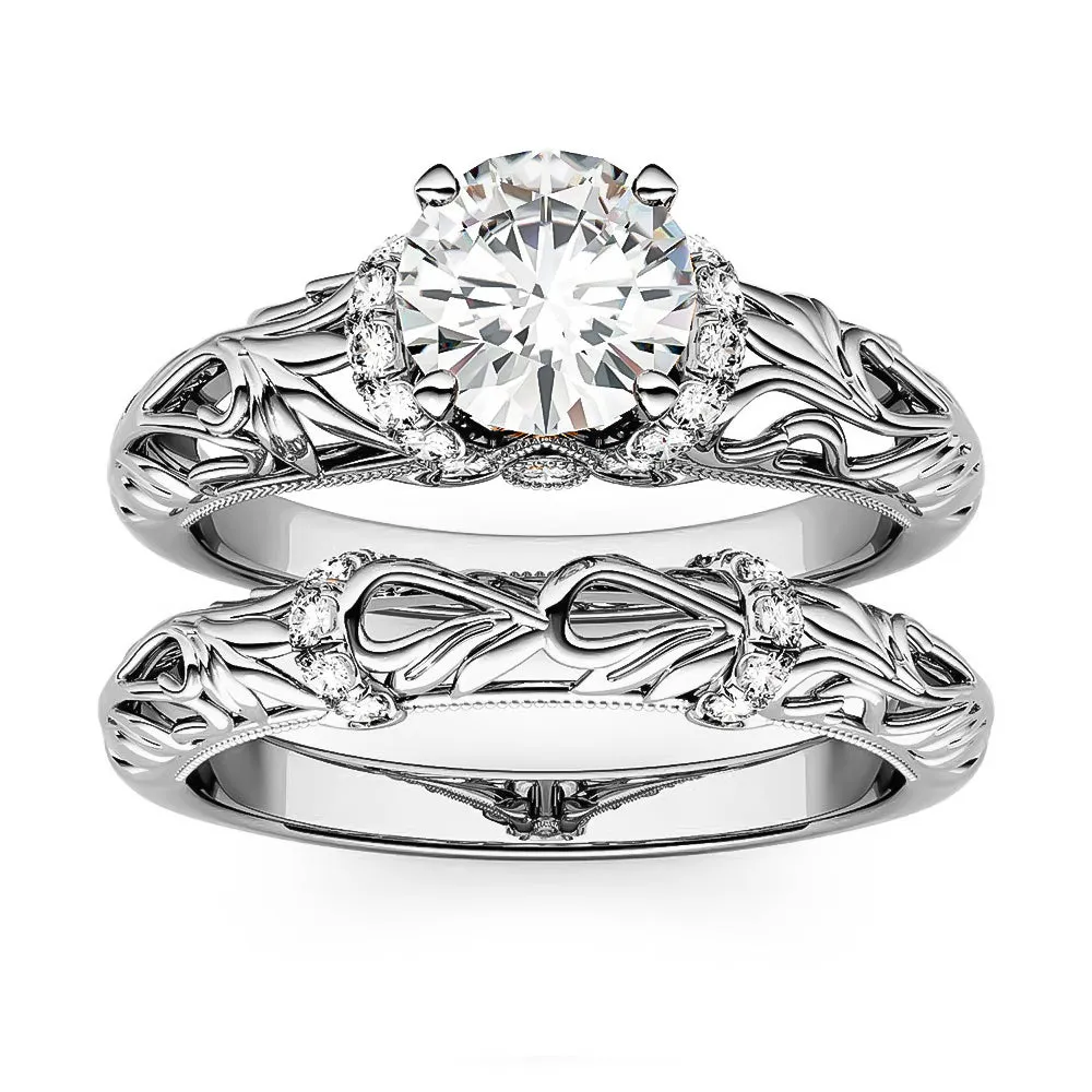 Vintage Art Deco Round Moissanite Engagement Ring Bridal Set sold by MSBLUE Jewelry product image thumbnail 2
