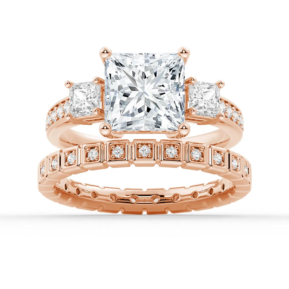 Three Stone Princess Shaped Moissanite Ring Set with Matching Wedding Band sold by MSBLUE Jewelry product image thumbnail 3