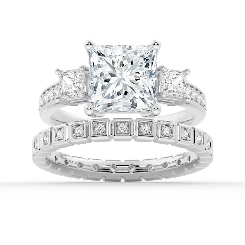 Three Stone Princess Shaped Moissanite Ring Set with Matching Wedding Band sold by MSBLUE Jewelry