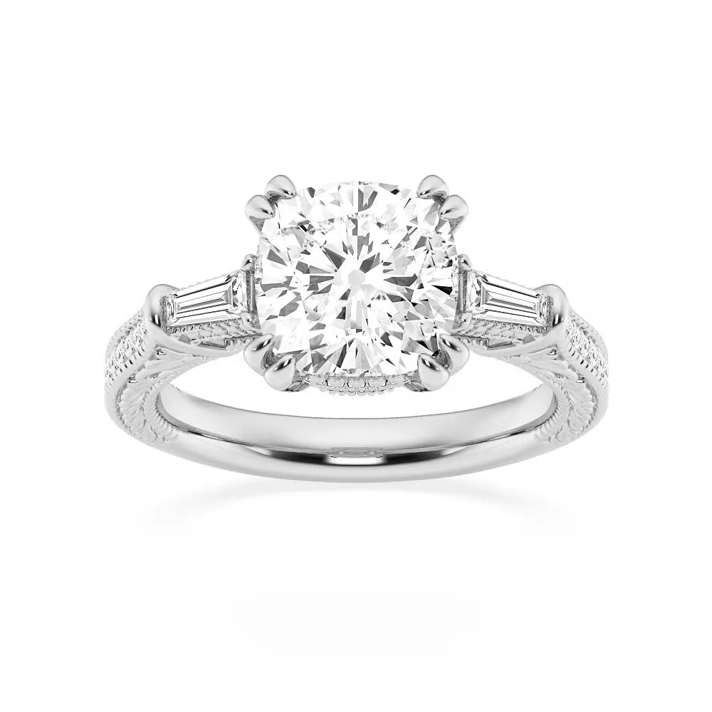 Cushion Cut Moissanite Filigree with Baguettes Vintage Engagement Ring sold by MSBLUE Jewelry product image thumbnail 4