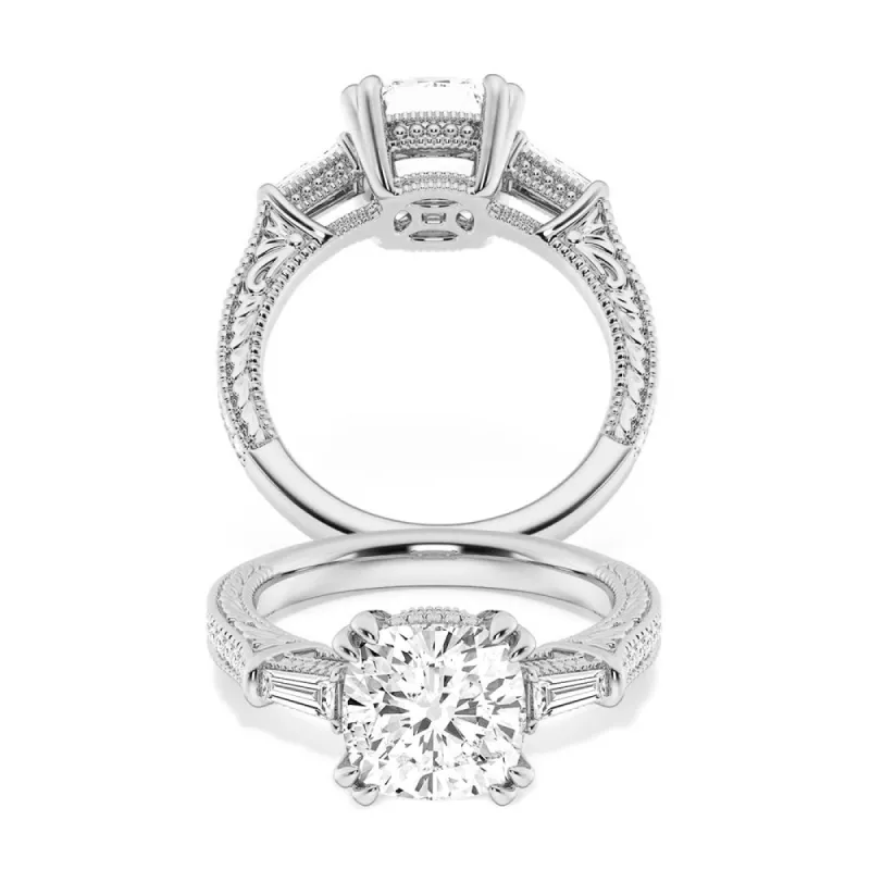 Cushion Cut Moissanite Filigree with Baguettes Vintage Engagement Ring sold by MSBLUE Jewelry