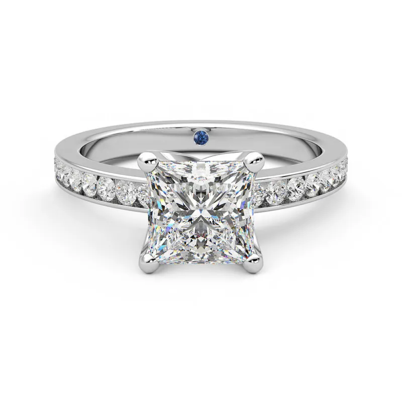 Princess Cut Moissanite Engagement Ring with Hidden Anniversary Stone and Channel Set Side Stones sold by MSBLUE Jewelry