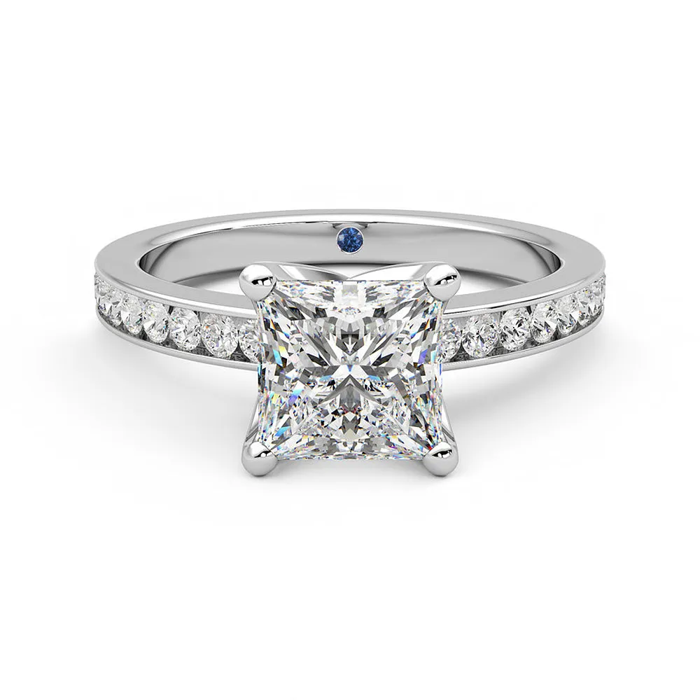 Princess Cut Moissanite Engagement Ring with Hidden Anniversary Stone and Channel Set Side Stones sold by MSBLUE Jewelry