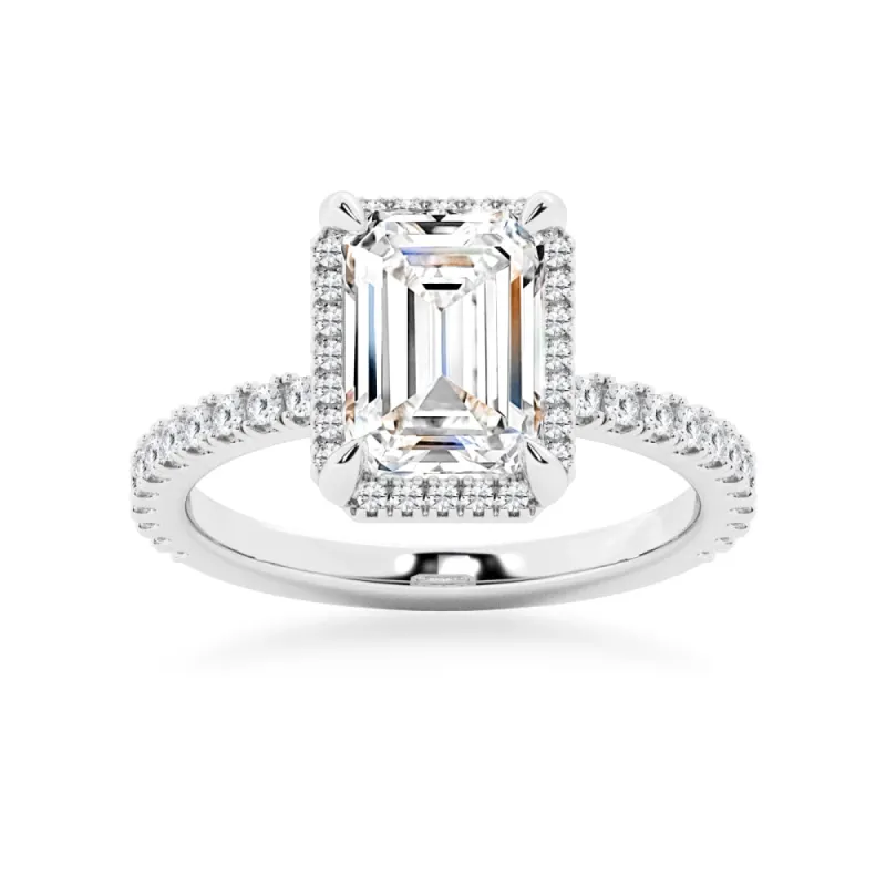 Half Eternity Emerald Cut Moissanite Halo Engagement Ring sold by MSBLUE Jewelry