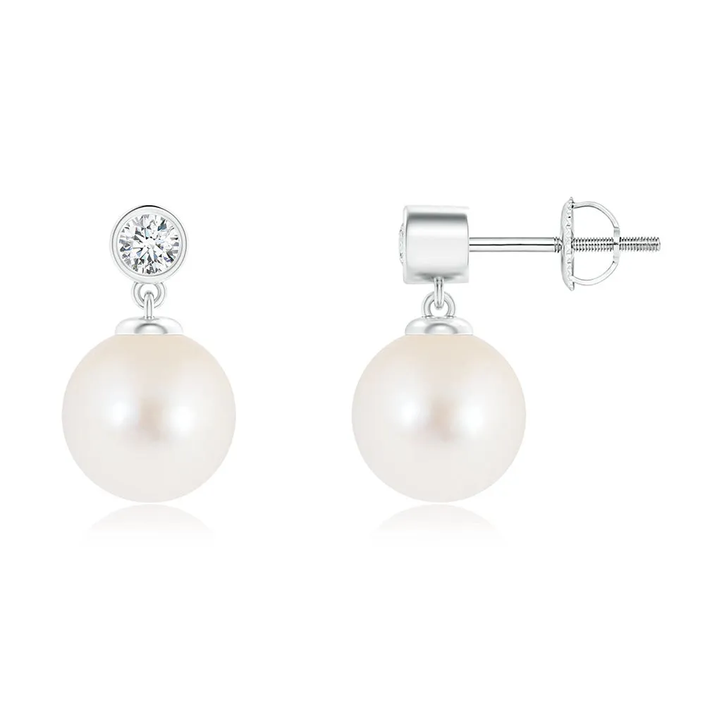8mm Freshwater Cultured Pearl Drop Earrings with Bezel Set Moissanite sold by MSBLUE Jewelry