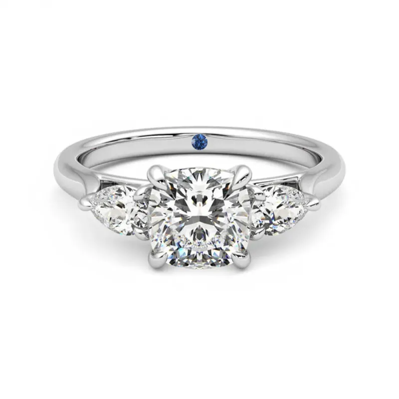 Three Stone Cushion Cut Moissanite Engagement Ring with Hidden Anniversary Stone Accent sold by MSBLUE Jewelry
