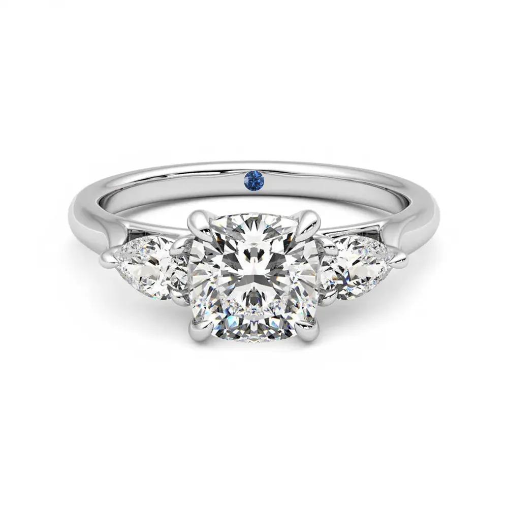 Three Stone Cushion Cut Moissanite Engagement Ring with Hidden Anniversary Stone Accent sold by MSBLUE Jewelry