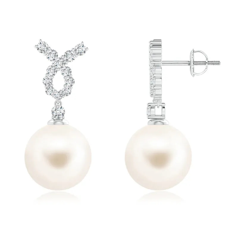 8mm Freshwater Cultured Pearl Earrings with Moissanite Pavé Ribbon sold by MSBLUE Jewelry