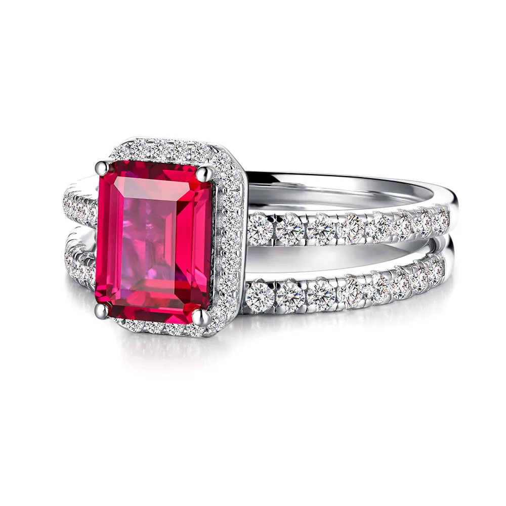 2 CT. Emerald Cut Lab Grown Ruby Ring Set with Matching Wedding Band sold by MSBLUE Jewelry product image thumbnail 2