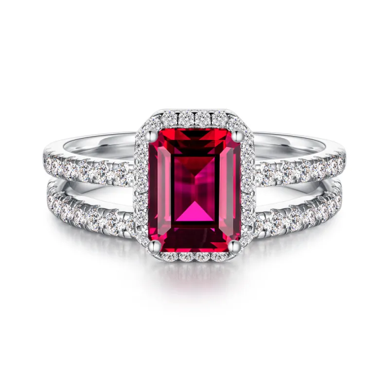 2 CT. Emerald Cut Lab Grown Ruby Ring Set with Matching Wedding Band sold by MSBLUE Jewelry