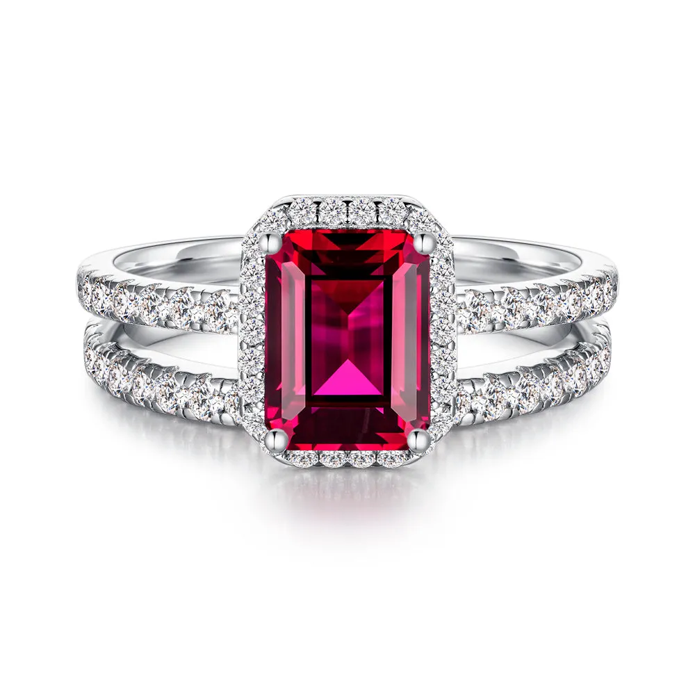 2 CT. Emerald Cut Lab Grown Ruby Ring Set with Matching Wedding Band sold by MSBLUE Jewelry