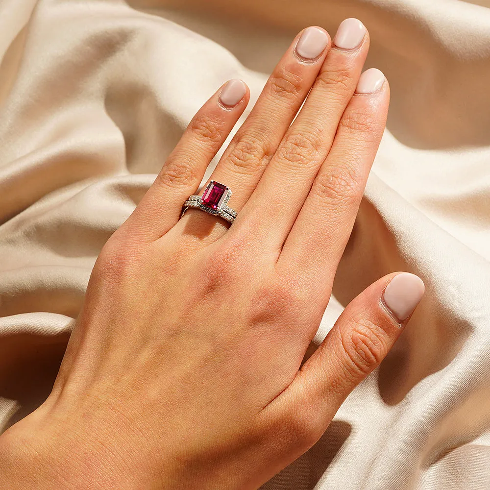 2 CT. Emerald Cut Lab Grown Ruby Ring Set with Matching Wedding Band sold by MSBLUE Jewelry product image thumbnail 5