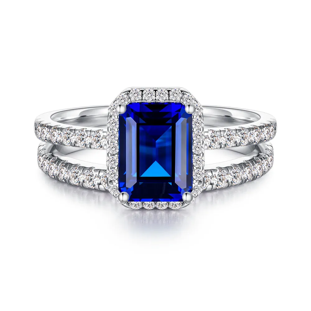 2 CT. Emerald Cut Lab Grown Sapphire Ring Bridal Set In Sterling Silver sold by MSBLUE Jewelry