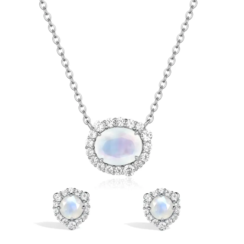 Twilight Moonstone Necklace And Earrings Set With White Sapphire Halo sold by MSBLUE Jewelry