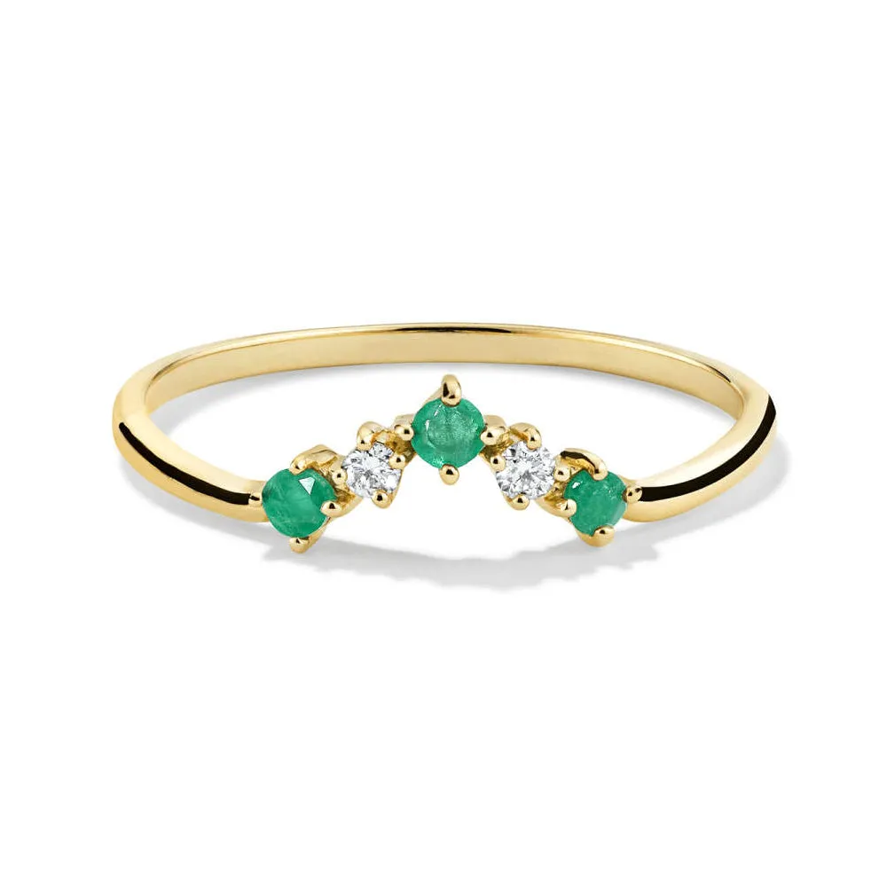 Curved V Shaped Lab Grown Emerald and Diamond Ring sold by MSBLUE Jewelry