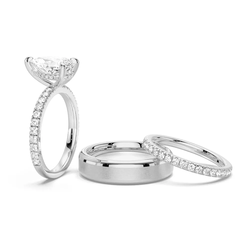 Pear-Shaped Pavé Band Hidden Halo Moissanite Couple's Ring Set with Men's Wedding Band sold by MSBLUE Jewelry