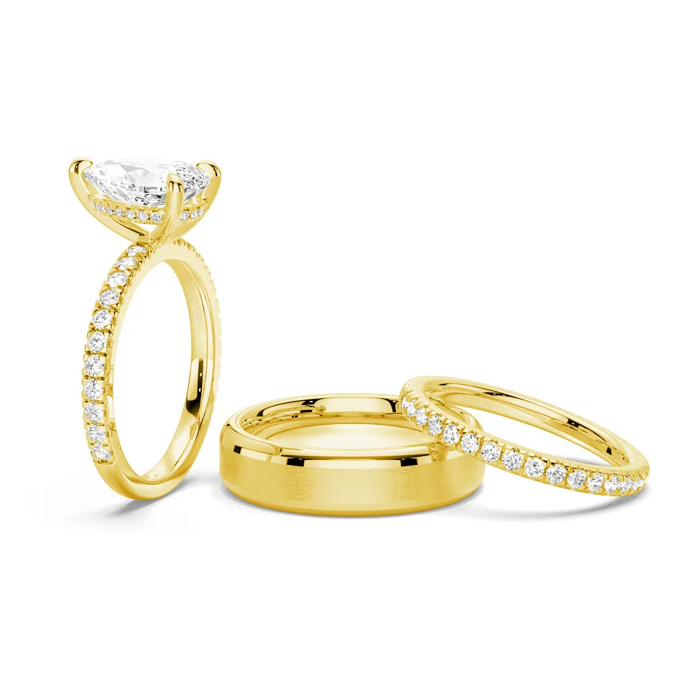 Pear-Shaped Pavé Band Hidden Halo Moissanite Couple's Ring Set with Men's Wedding Band sold by MSBLUE Jewelry product image thumbnail 2