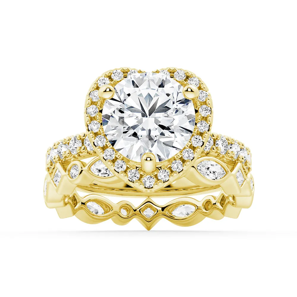 Round Shaped Moissanite Ring Set with Heart Frame Design and Matching Wedding Band sold by MSBLUE Jewelry product image thumbnail 2