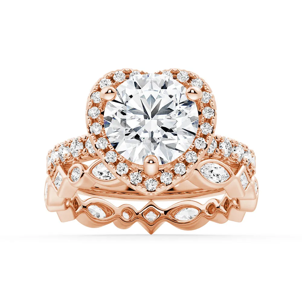 Round Shaped Moissanite Ring Set with Heart Frame Design and Matching Wedding Band sold by MSBLUE Jewelry product image thumbnail 3