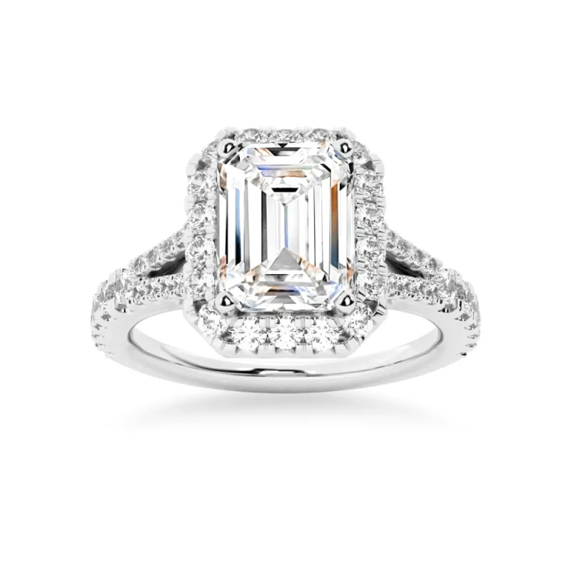 NEW Emerald Cut Split-Shank Moissanite Halo Engagement Ring sold by MSBLUE Jewelry