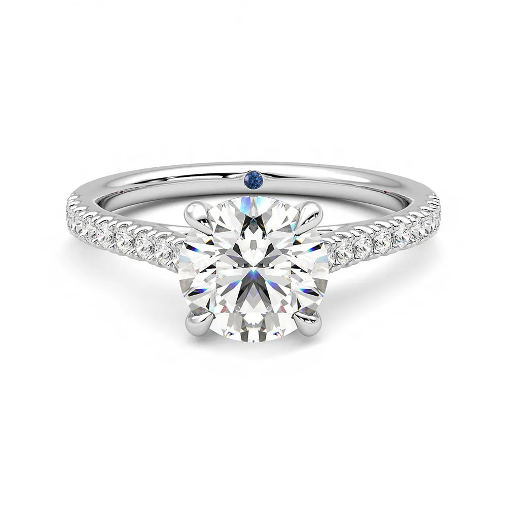Round Moissanite Engagement Ring with Hidden Anniversary Stone and Pavé Accents sold by MSBLUE Jewelry